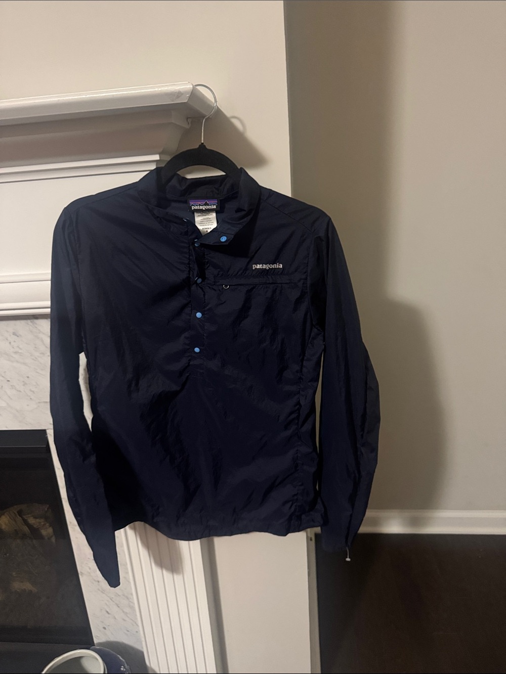 Patagonia Navy Windbreaker Pullover with Blue Snap Accents